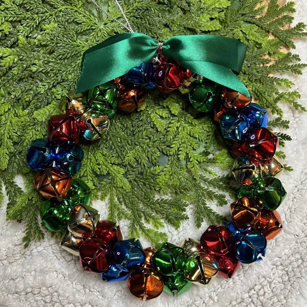 Christmas Wreath Bow 8” in Red Blue Green Orange Metallic Metal Jingle Bell